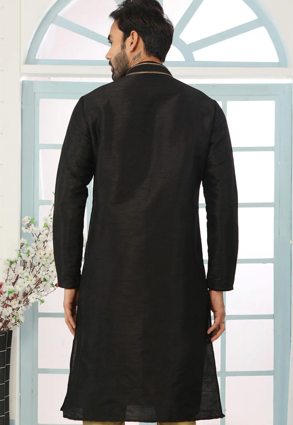Embroidered Dupion Silk Kurta in Black