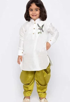 Embroidered Dupion Silk Kurta Set in White