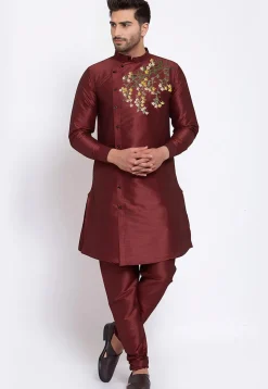 Embroidered Dupion Silk Kurta Set in Maroon