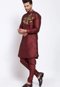 Embroidered Dupion Silk Kurta Set in Maroon