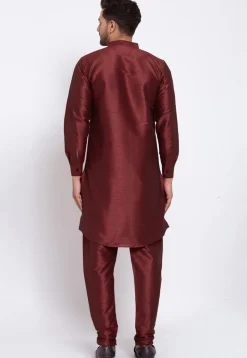 Embroidered Dupion Silk Kurta Set in Maroon