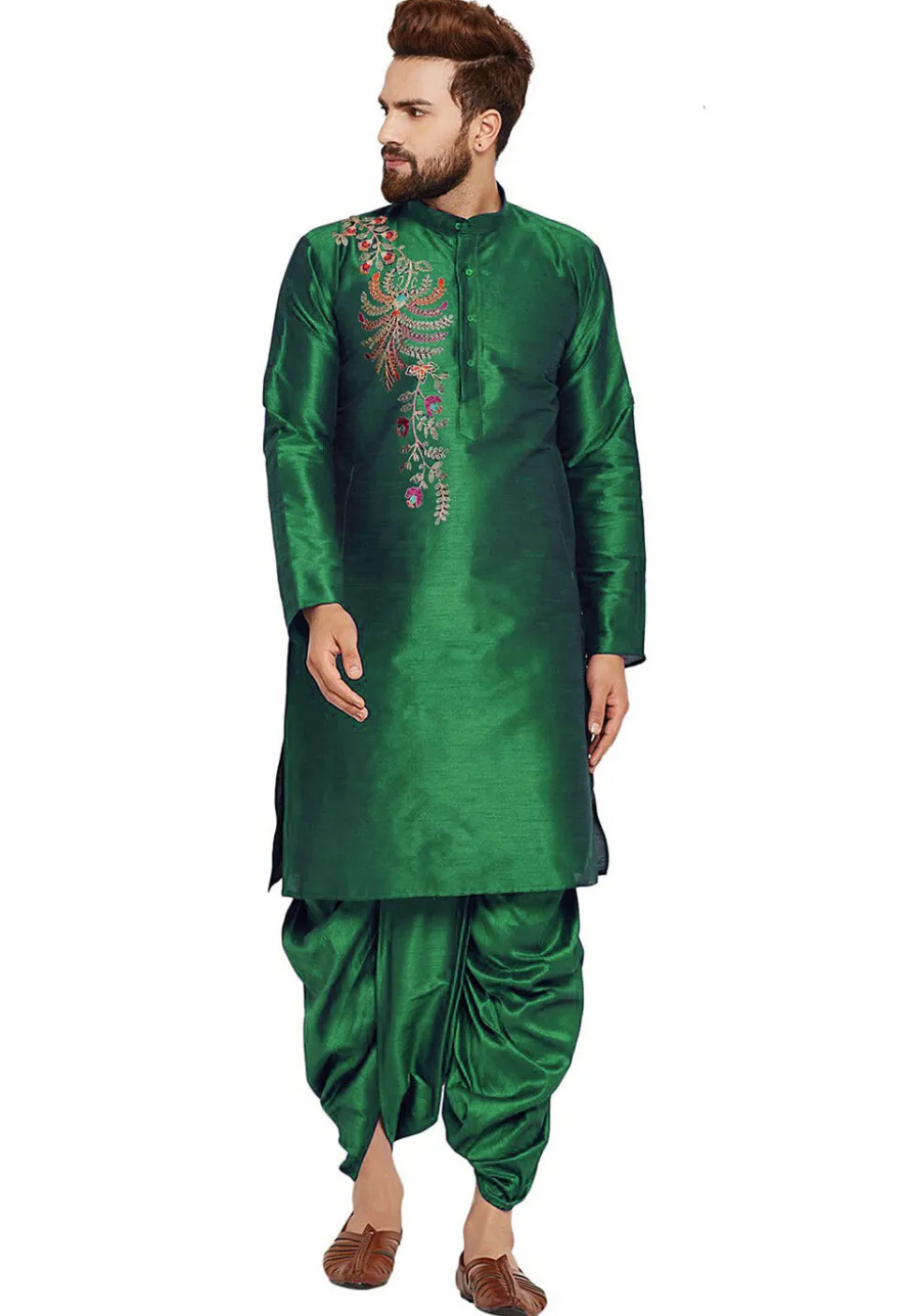 Embroidered Dupion Silk Kurta Set in Green