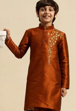 Embroidered Dupion Silk Kurta in Rust