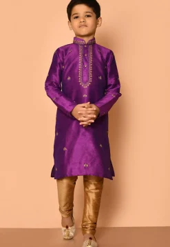Embroidered Dupion Silk Kurta Set in Purple