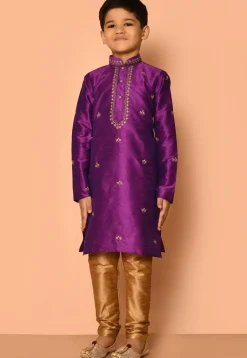 Embroidered Dupion Silk Kurta Set in Purple