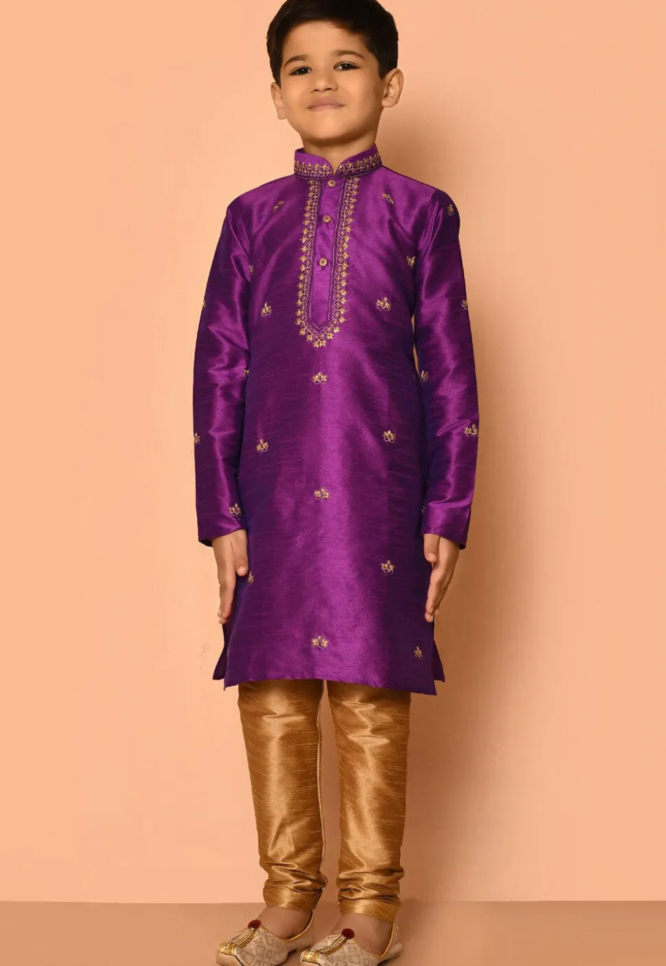 Embroidered Dupion Silk Kurta Set in Purple