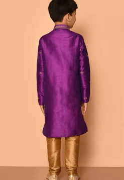 Embroidered Dupion Silk Kurta Set in Purple