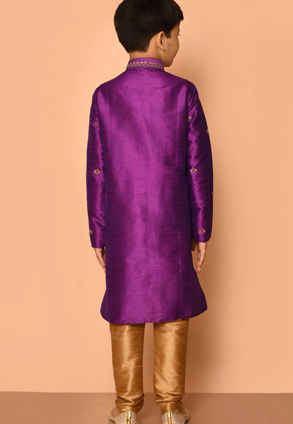 Embroidered Dupion Silk Kurta Set in Purple