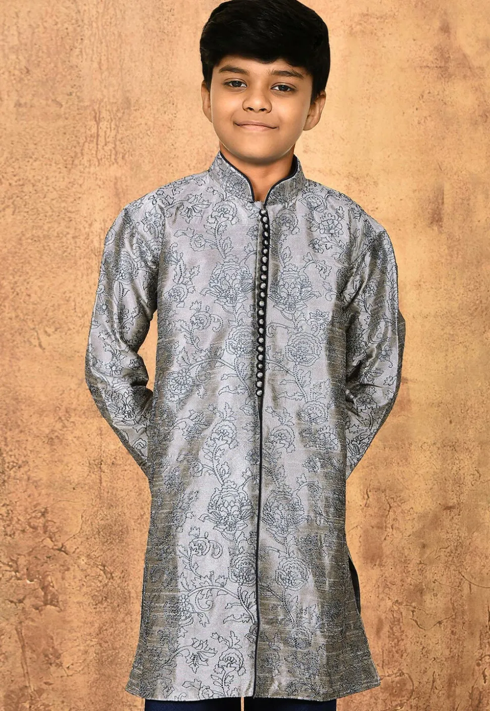 Embroidered Dupion Silk Kurta in Grey