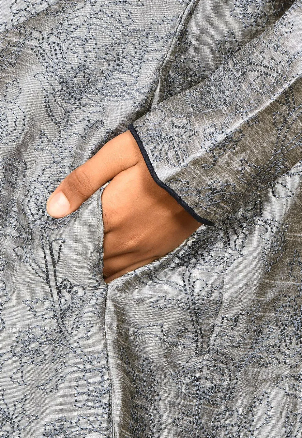 Embroidered Dupion Silk Kurta in Grey