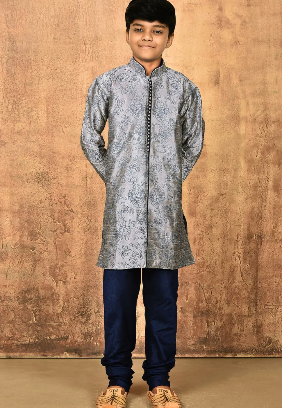 Embroidered Dupion Silk Kurta in Grey