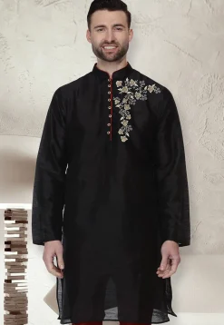 Embroidered Dupion Silk Kurta in Black