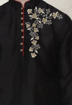 Embroidered Dupion Silk Kurta in Black