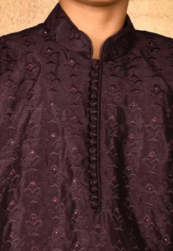 Embroidered Dupion Silk Kurta Set in Wine