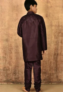 Embroidered Dupion Silk Kurta Set in Wine