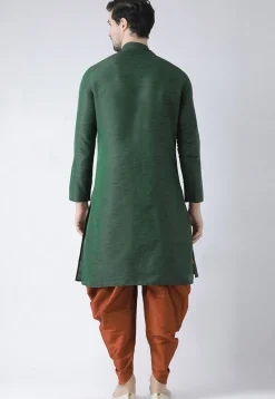 Embroidered Dupion Silk Kurta Set in Dark Green