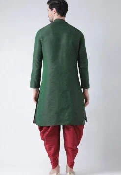 Embroidered Dupion Silk Kurta Set in Dark Green