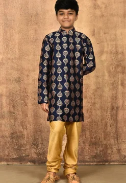 Embroidered Dupion Silk Kurta Set in Navy Blue