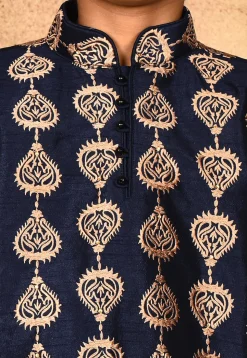 Embroidered Dupion Silk Kurta Set in Navy Blue
