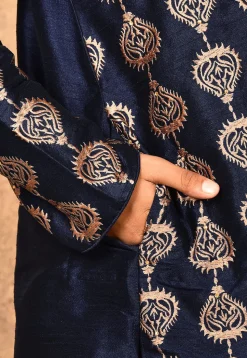 Embroidered Dupion Silk Kurta Set in Navy Blue