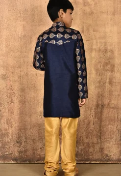 Embroidered Dupion Silk Kurta Set in Navy Blue