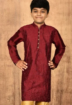 Embroidered Dupion Silk Kurta in Maroon