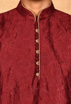 Embroidered Dupion Silk Kurta in Maroon