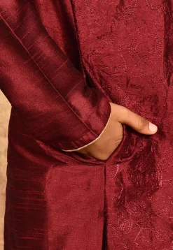 Embroidered Dupion Silk Kurta in Maroon