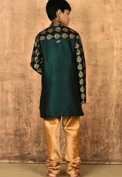 Embroidered Dupion Silk Kurta Set in Dark Green