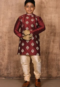 Embroidered Dupion Silk Kurta Set in Maroon