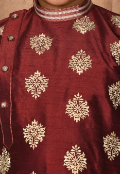 Embroidered Dupion Silk Kurta Set in Maroon