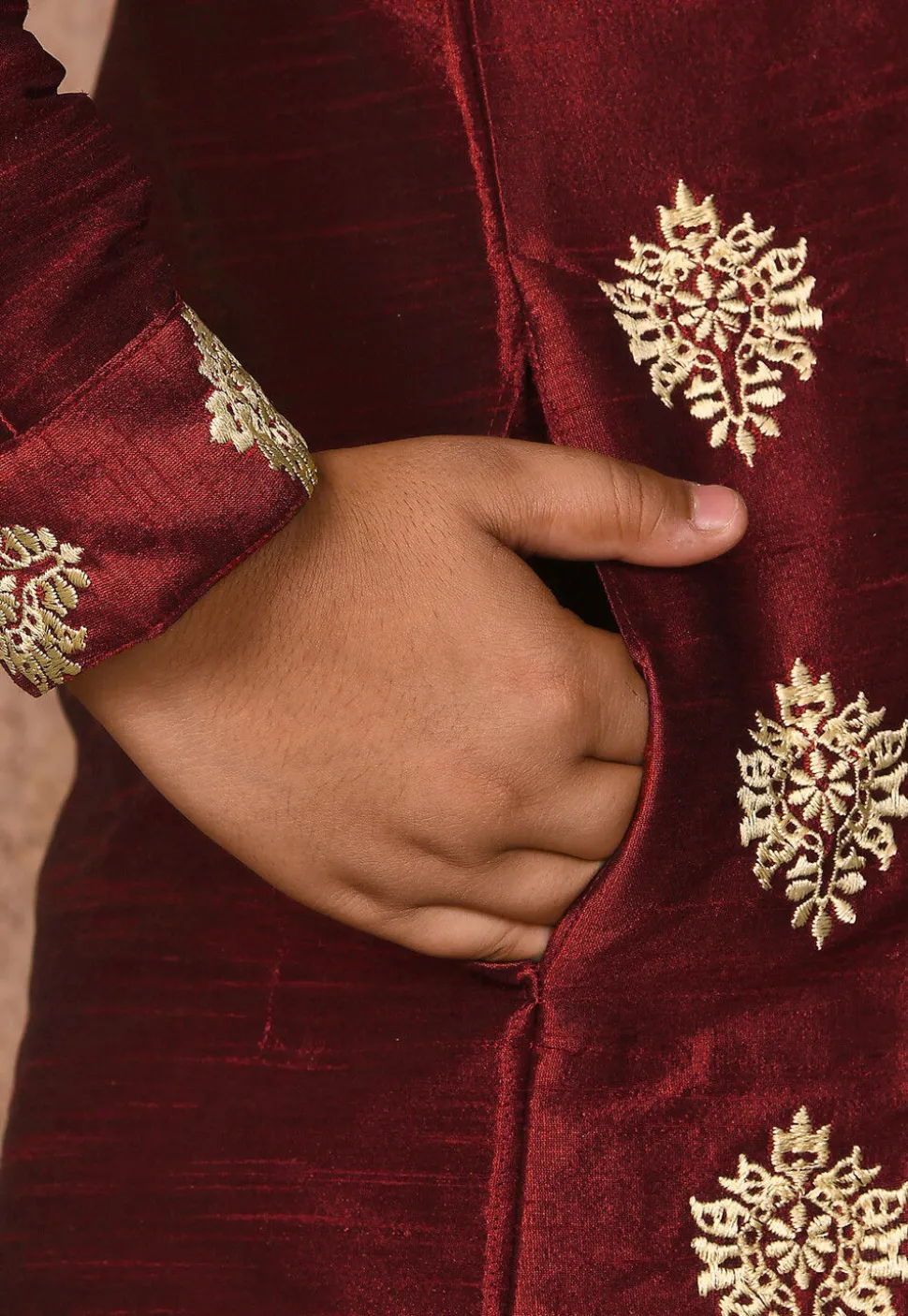 Embroidered Dupion Silk Kurta Set in Maroon