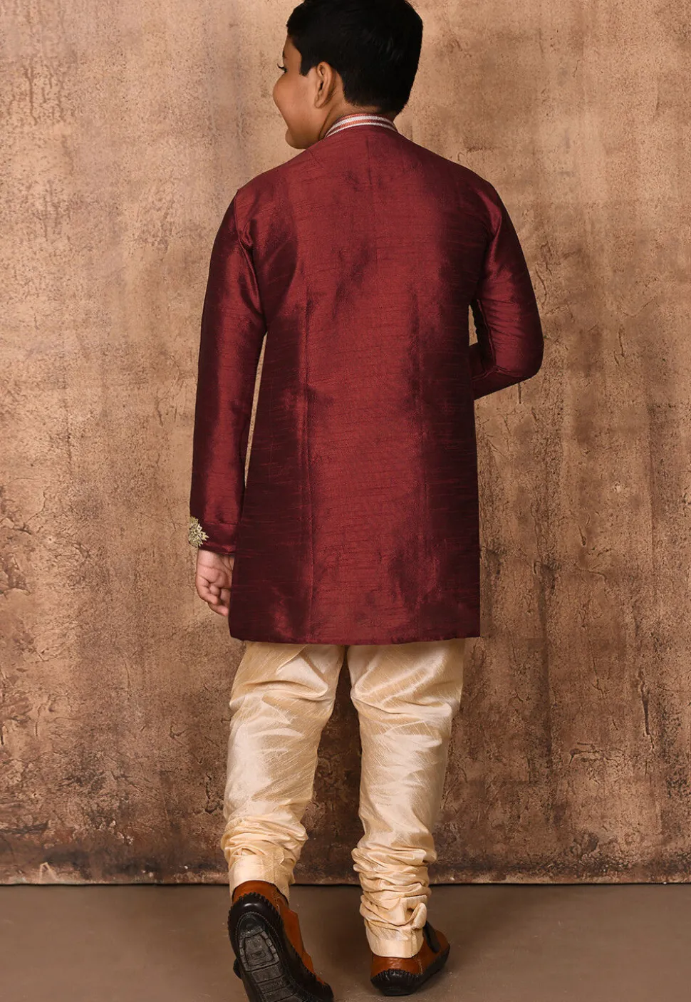 Embroidered Dupion Silk Kurta Set in Maroon