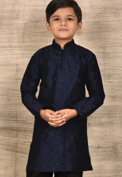 Embroidered Dupion Silk Kurta in Navy Blue