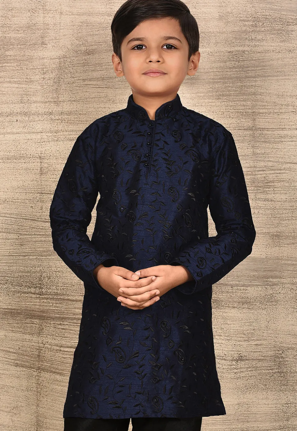 Embroidered Dupion Silk Kurta in Navy Blue