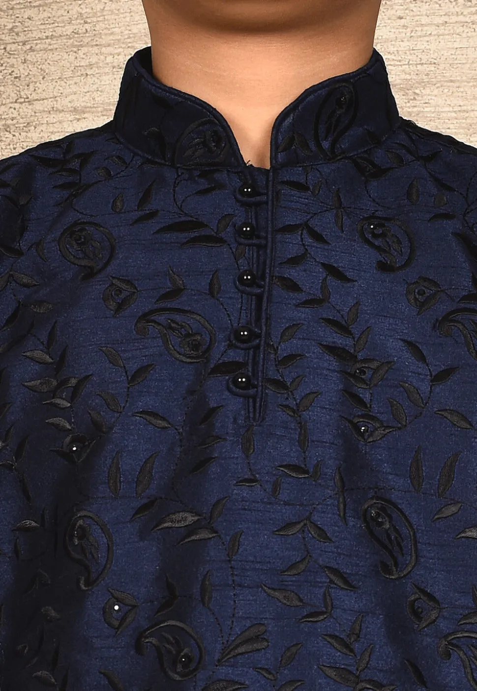 Embroidered Dupion Silk Kurta in Navy Blue