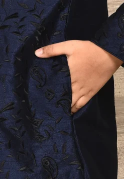 Embroidered Dupion Silk Kurta in Navy Blue