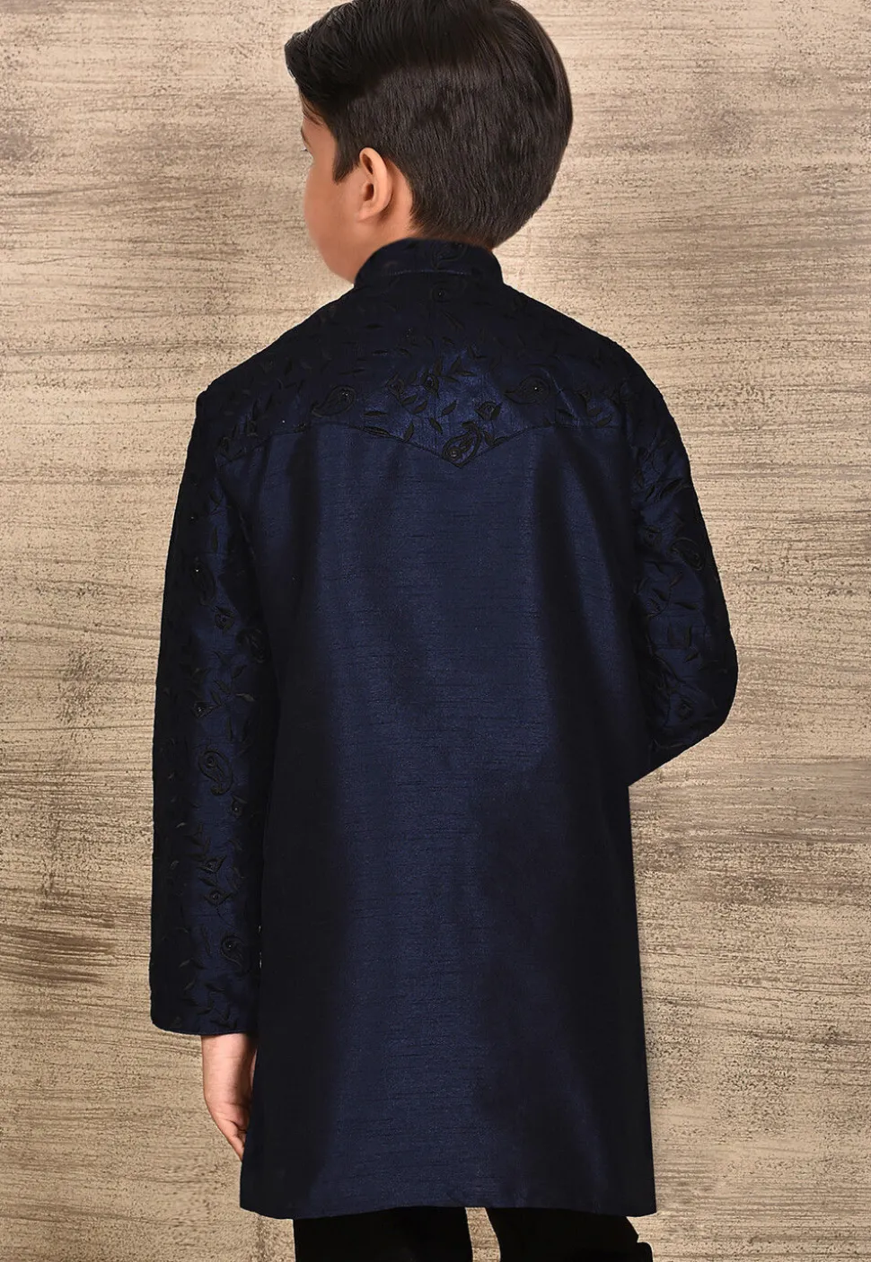 Embroidered Dupion Silk Kurta in Navy Blue