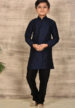 Embroidered Dupion Silk Kurta in Navy Blue
