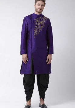 Embroidered Dupion Silk Kurta Set in Purple