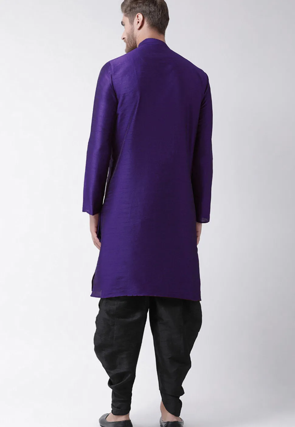 Embroidered Dupion Silk Kurta Set in Purple