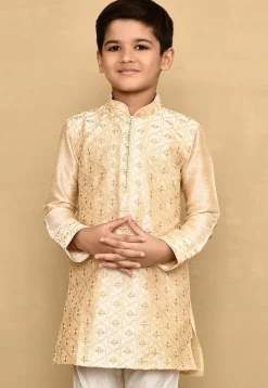Embroidered Dupion Silk Kurta in Beige