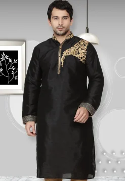 Embroidered Dupion Silk Kurta in Black