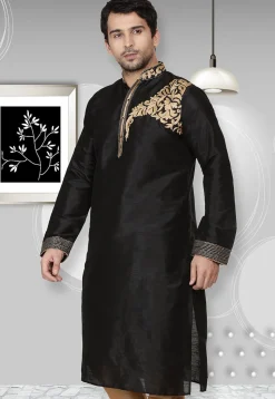 Embroidered Dupion Silk Kurta in Black