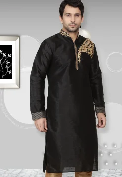 Embroidered Dupion Silk Kurta in Black