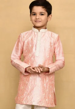Embroidered Dupion Silk Kurta in Peach
