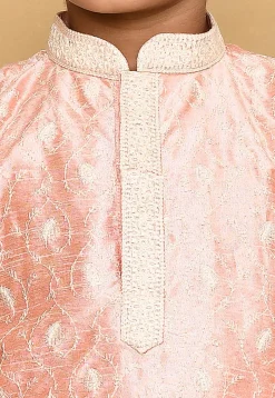 Embroidered Dupion Silk Kurta in Peach
