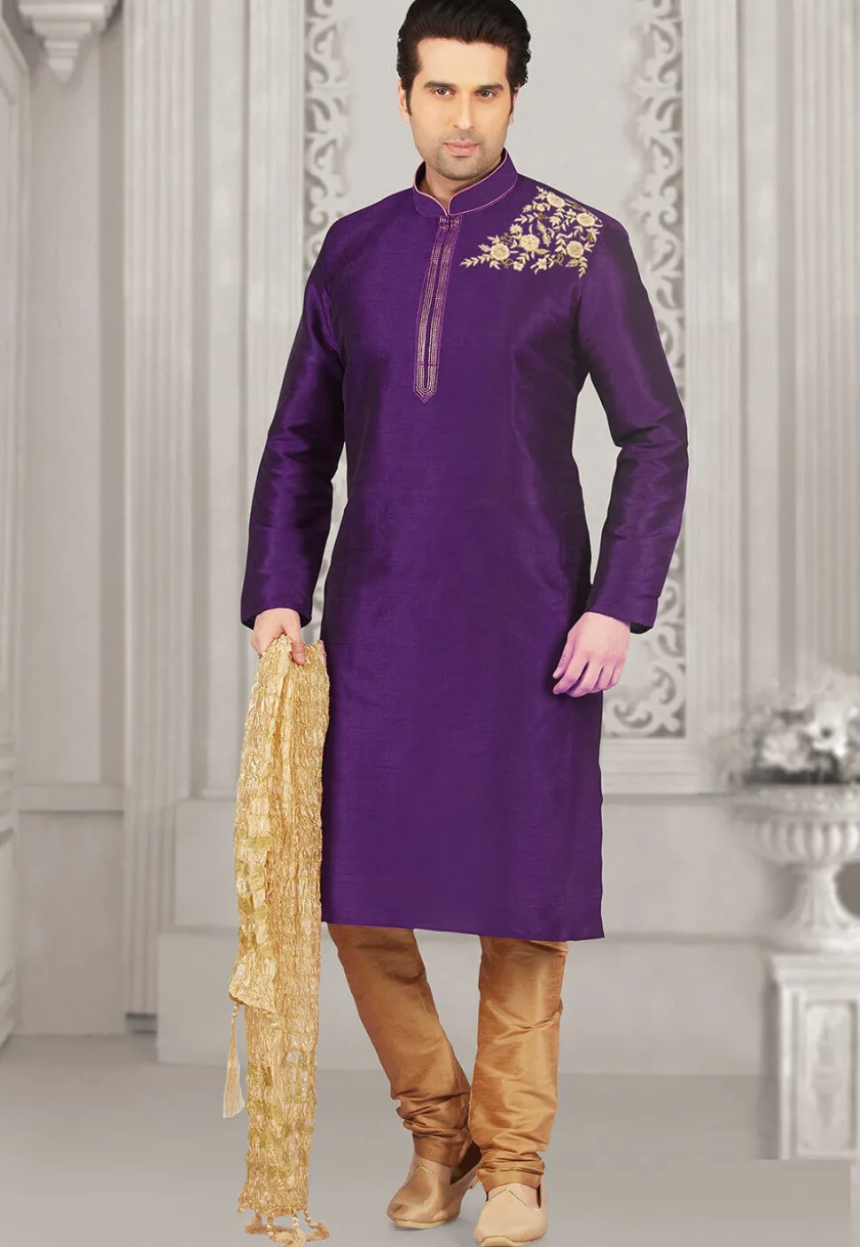 Embroidered Dupion Silk Kurta Set in Purple