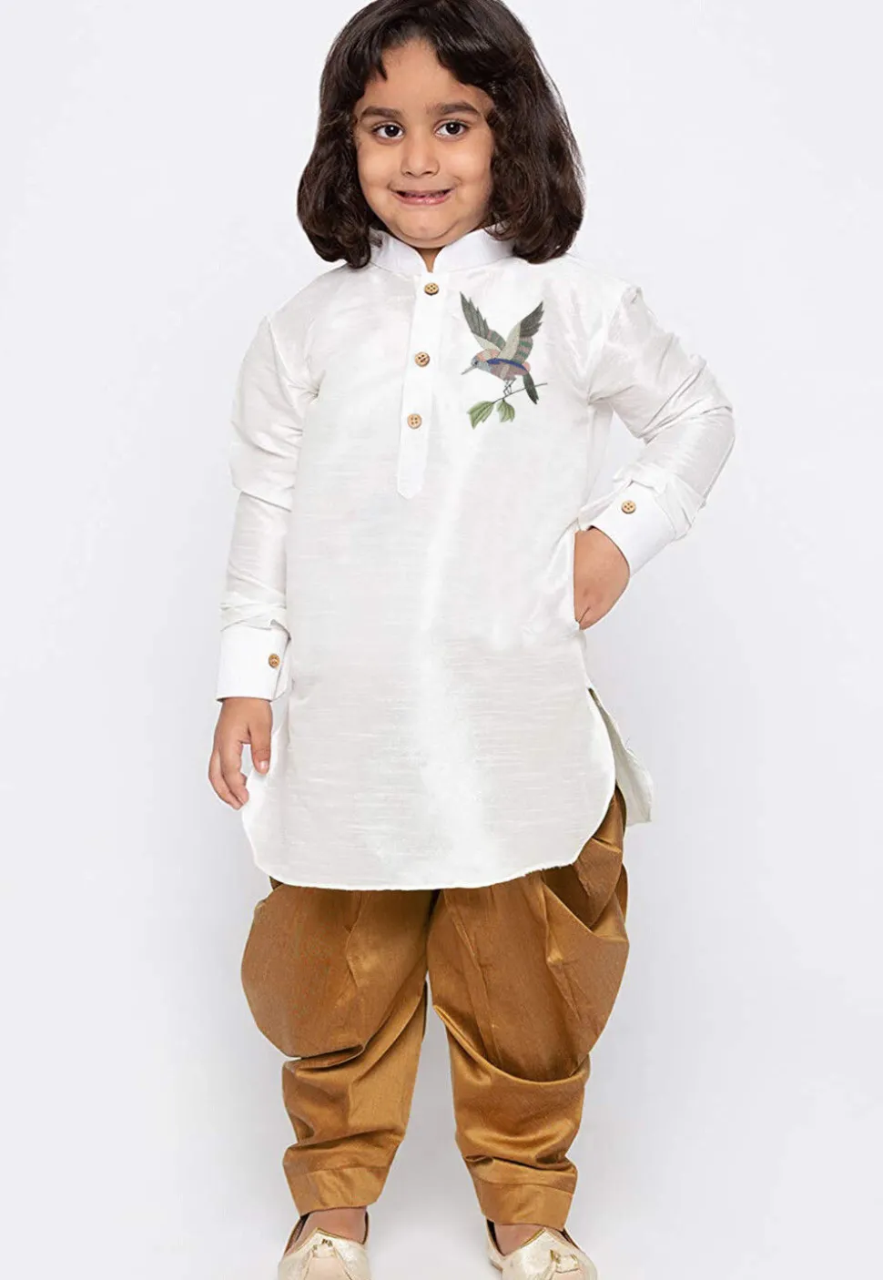 Embroidered Dupion Silk Kurta Set in White