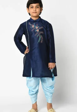 Embroidered Dupion Silk Kurta Dhoti Set in Navy Blue